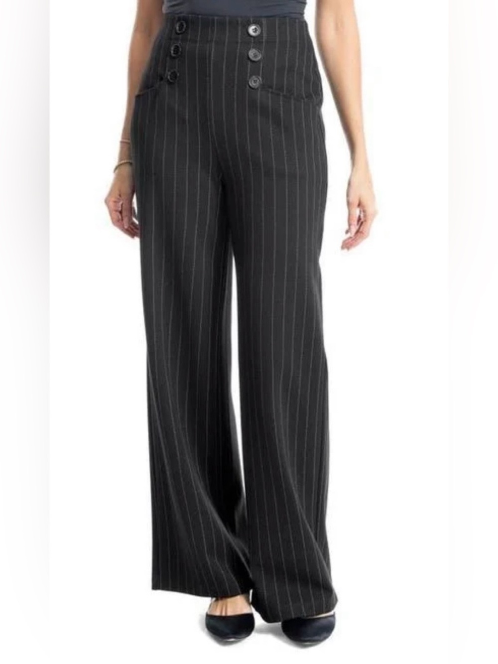 Max Studio Navy Pinstripe Wide-Leg Sailor Pants size Large